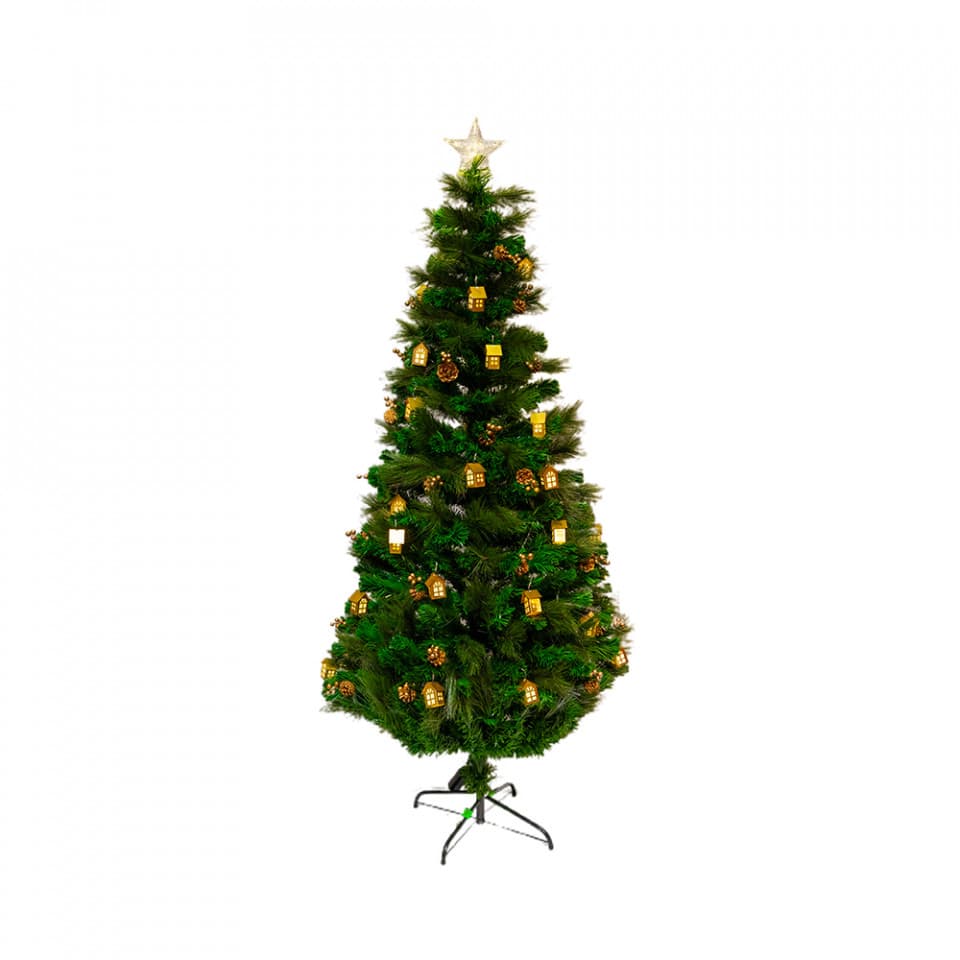 Brad artificial, cu intalatie , fibra optica si decoratiuni, culoare verde, dimensiune 210cm, TP1020-210