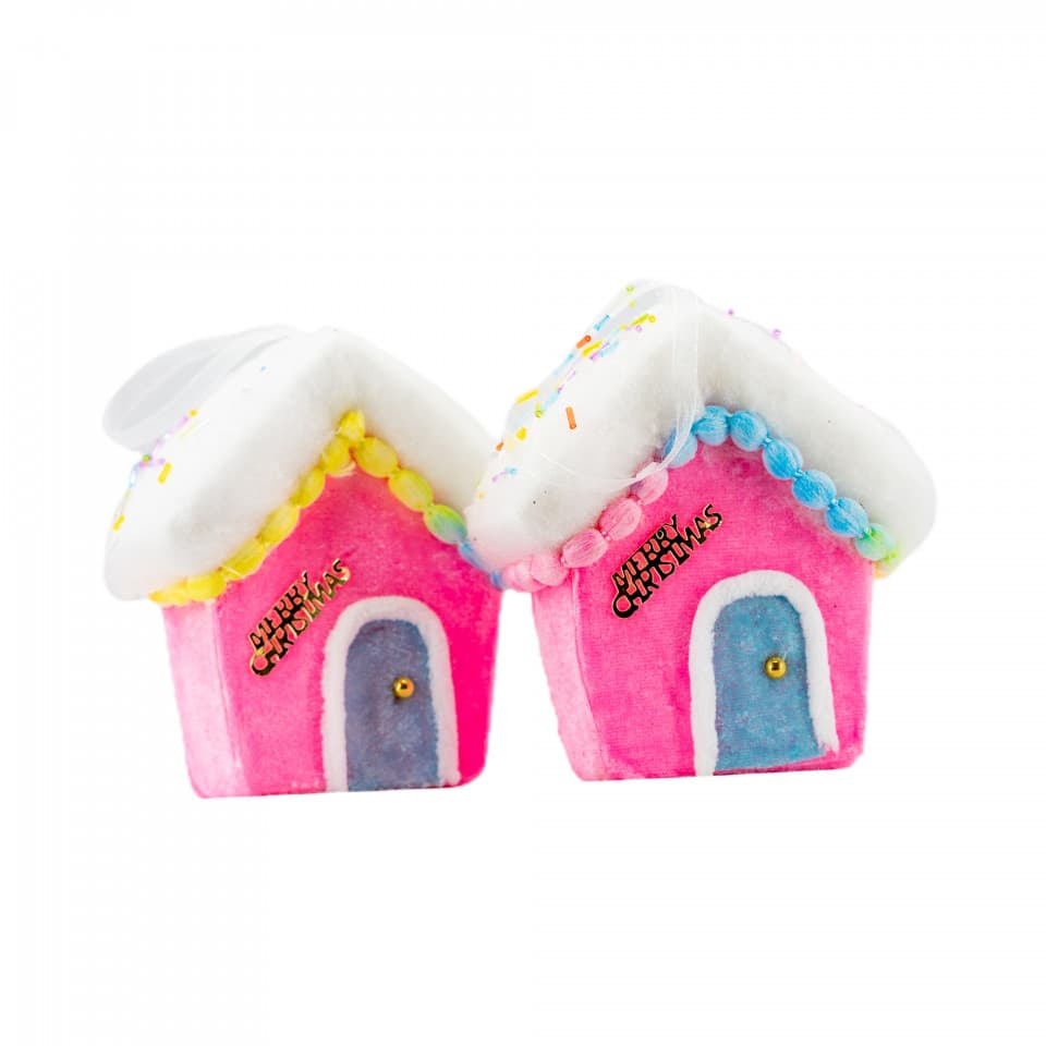 Decoratiune brad in forma de casuta din povesti, culoare roz, dimensiune: 11x5.5x12cm, 2buc/set,MI-519