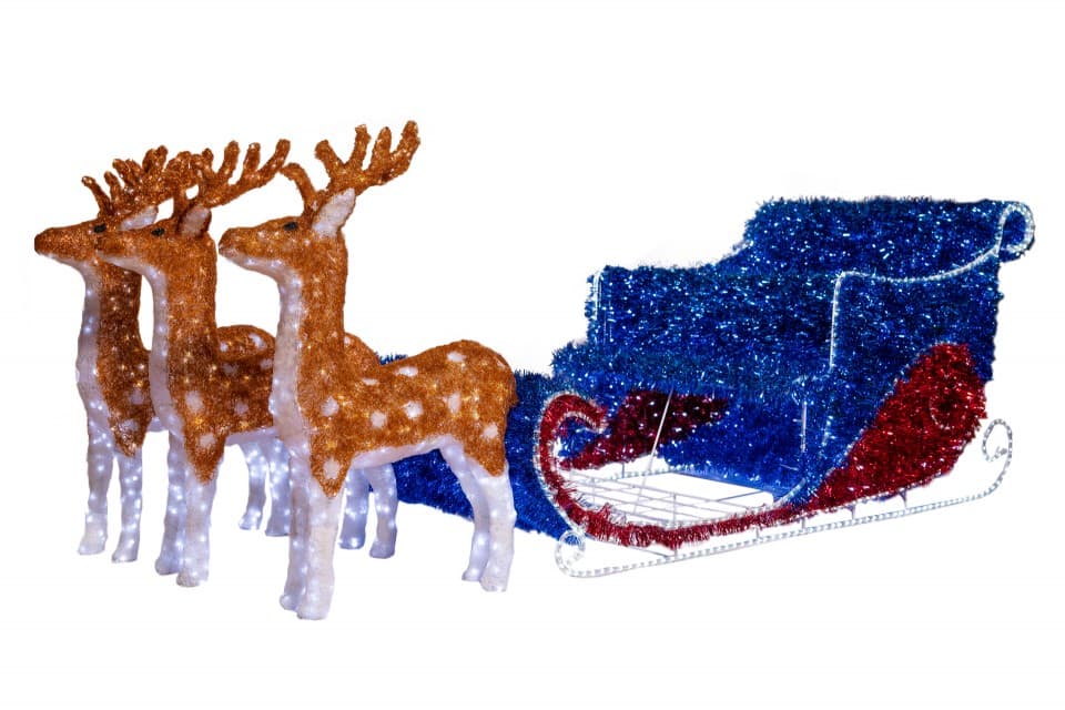 Decoratiune luminoasa pentru exterior Sanie cu 3 Reni, L 500cm