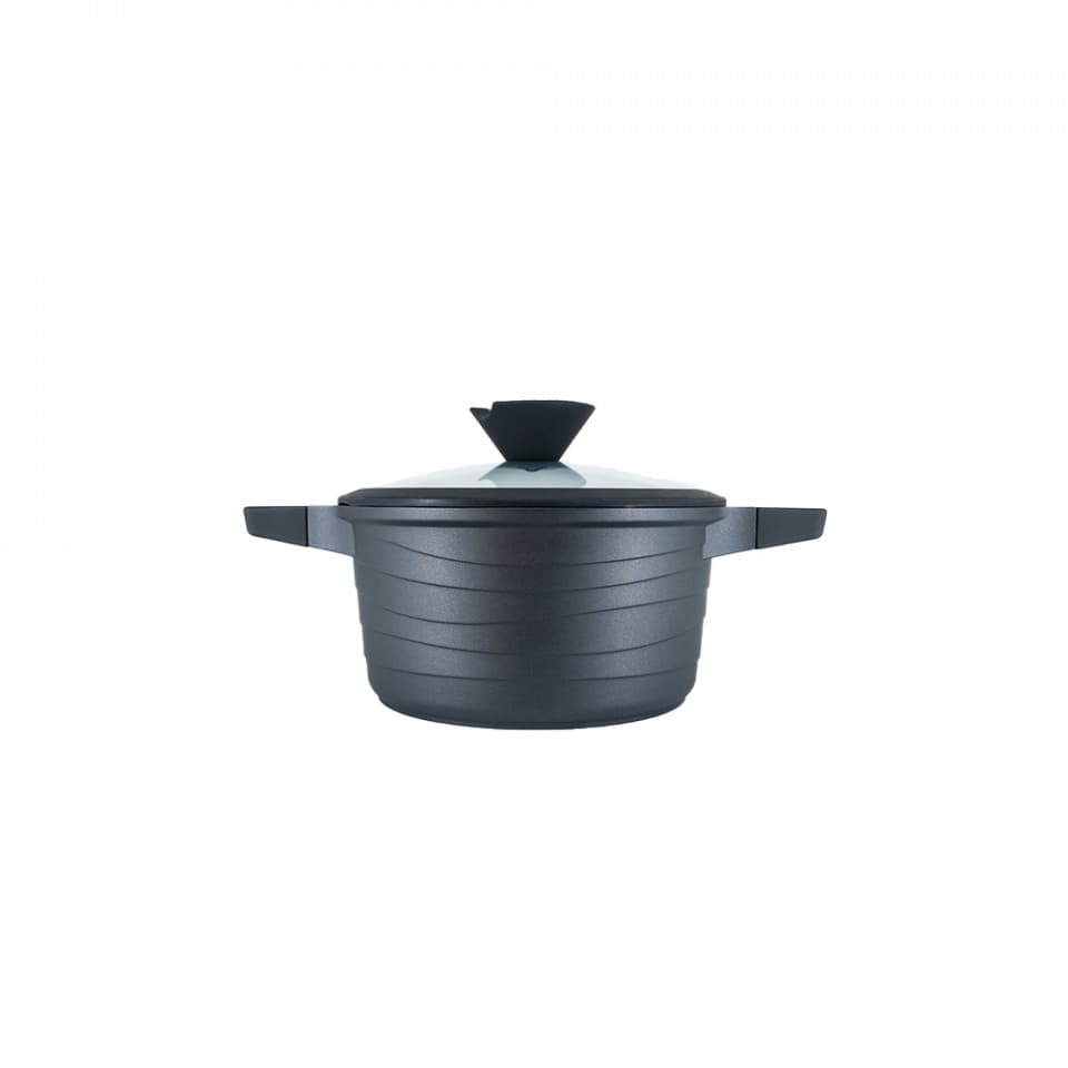 Oala aluminiu, capac din sticla cu maner de silicon diametru 20 cm, 2.7l, culoare black pro, cod 55872-20