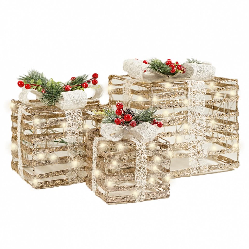 Set 3 cutii cadou din plastic si ratan ,champage cu lumini 80 led-uri albe calde + transformator
