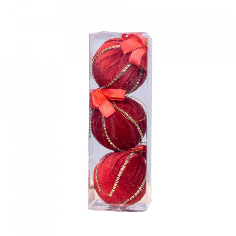 Set 3 globuri velvet, culoare rosu, diametru 10cm, BL-6005R