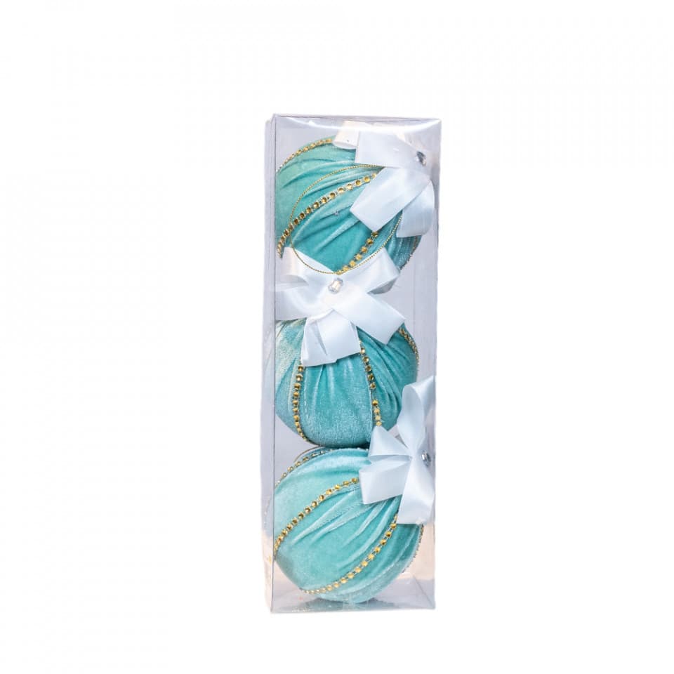 Set 3 globuri velvet, culoare turcoaz, diametru 10cm,BL-6005TF
